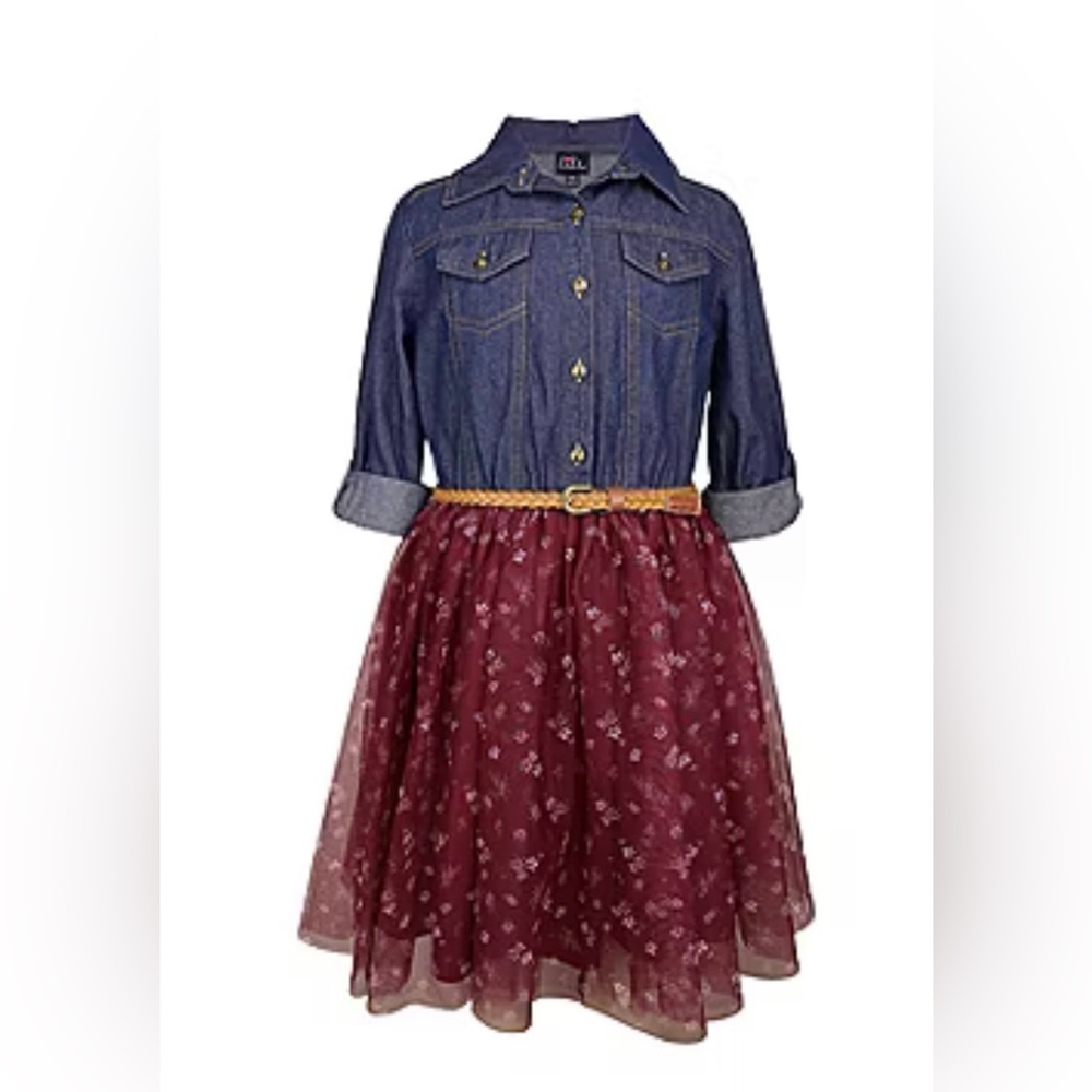 Denim Shirt Top with Burgundy Floral Skirt and Braided Tan Belt